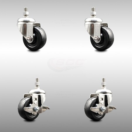 Service Caster 3 Inch 316SS Soft Rubber Wheel Swivel 10mm Threaded Stem Caster Brakes, 2PK SCC-SS316TS20S314-SRS-M1015-2-TLB-2
